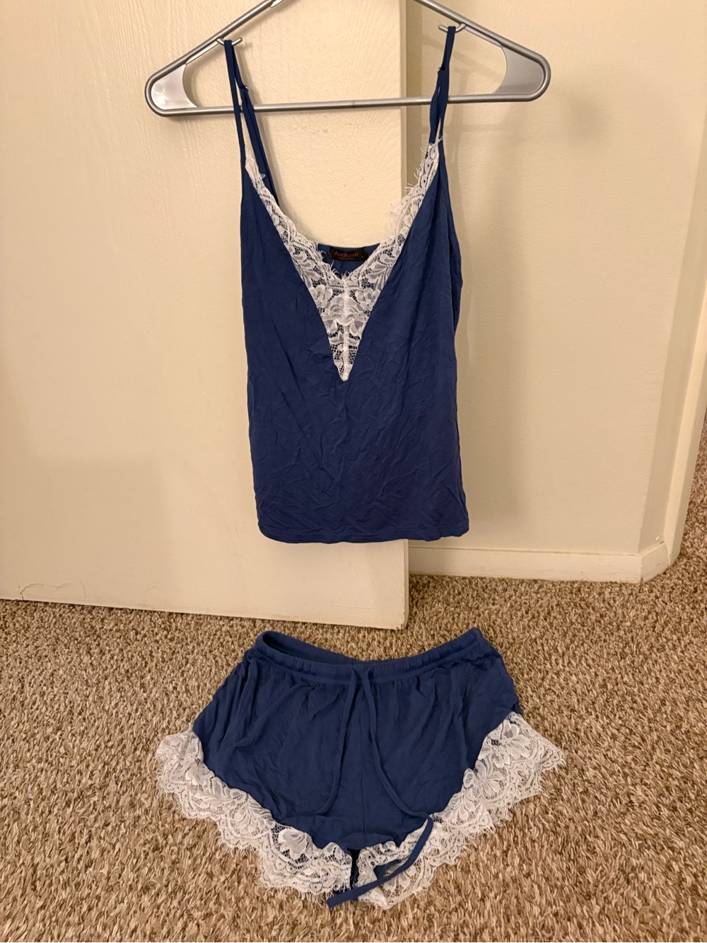 Women's Navy Lace-Trim Camisole & Short Sleep Set